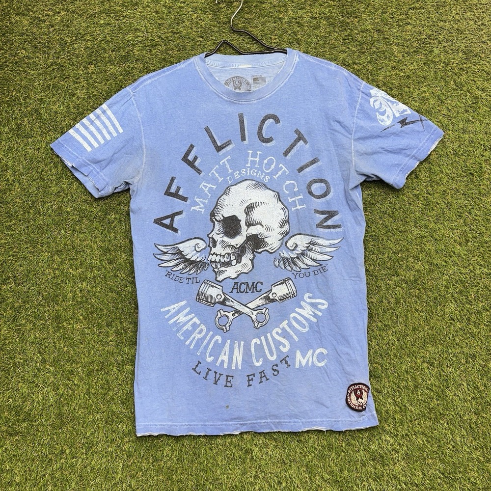 Affliction Graphic Shirt Mens Medium Blue American Customs y2k Skull Wings